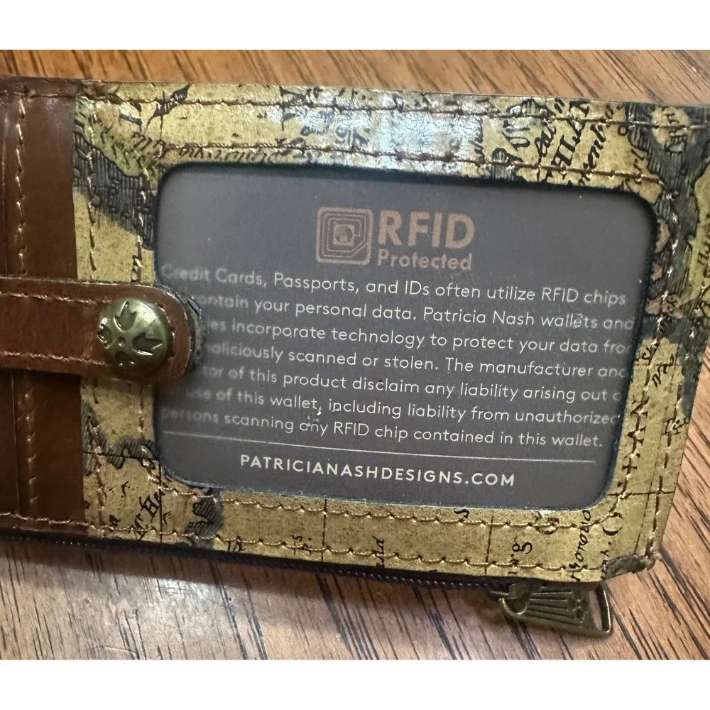 Patricia Nash Vintage Map Leather RFID Card Case Wristlet Wallet Brown Tan